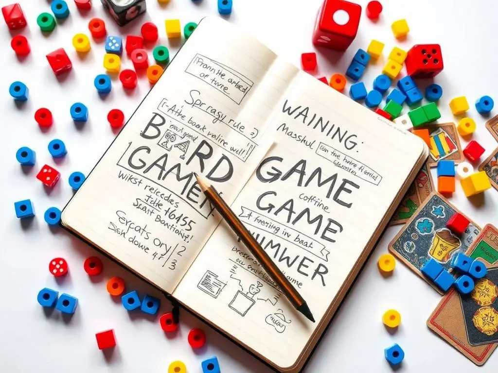 A close-up of a notebook with handwritten notes and sketches of board game rules, surrounded by colorful game pieces like dice, cards, and tokens, representing the creative process of making a board game mash-up.