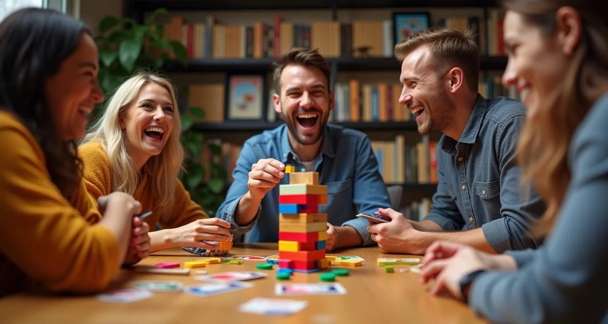 A family and friends group playing a creative board game mash-up, laughing and strategizing together around a table filled with colorful game pieces and cards.