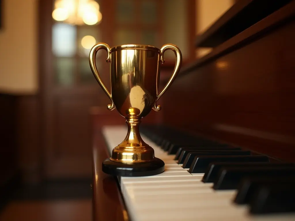 A trophy placed on a piano keyboard, symbolizing achievement in self-taught piano learning.