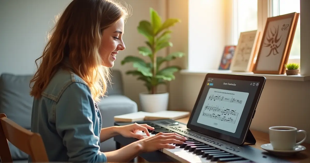 A vibrant scene of an adult learning piano independently, showing excitement and focus.