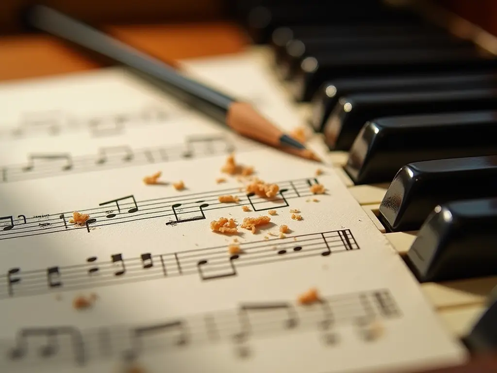 A close-up of eraser shavings on a handwritten music sheet, next to a pencil and piano keys.