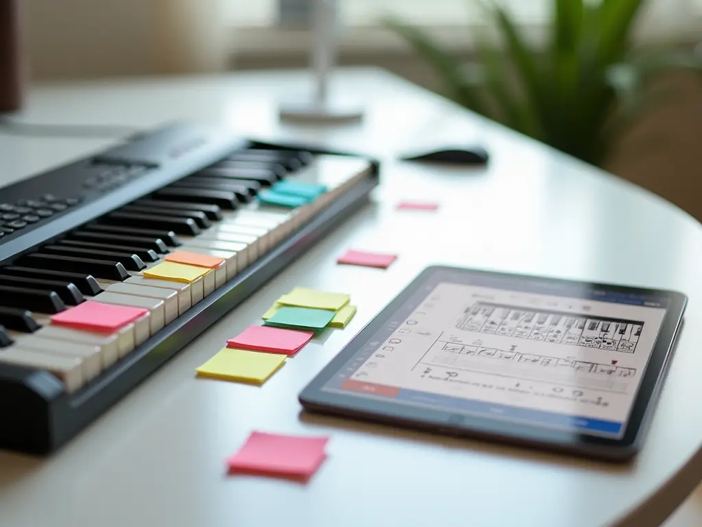 A beginner piano keyboard with sticky notes marking the keys, next to a digital tablet displaying a piano tutorial.