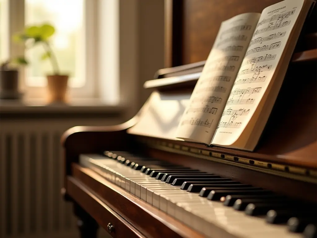 A classic upright piano with an open sheet music book on top, illuminated by soft sunlight.