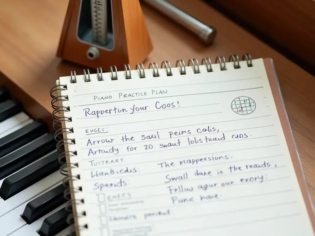 A notebook with a detailed practice plan, surrounded by piano keys and a metronome.