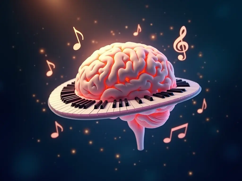 A glowing brain surrounded by musical notes, symbolizing adult neuroplasticity and learning piano.