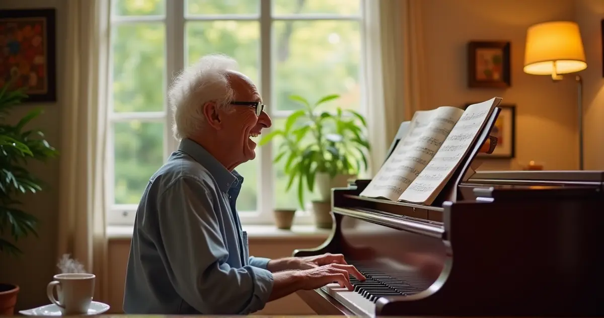 An adult enthusiastically learning piano at home, surrounded by a warm and inspiring ambiance.