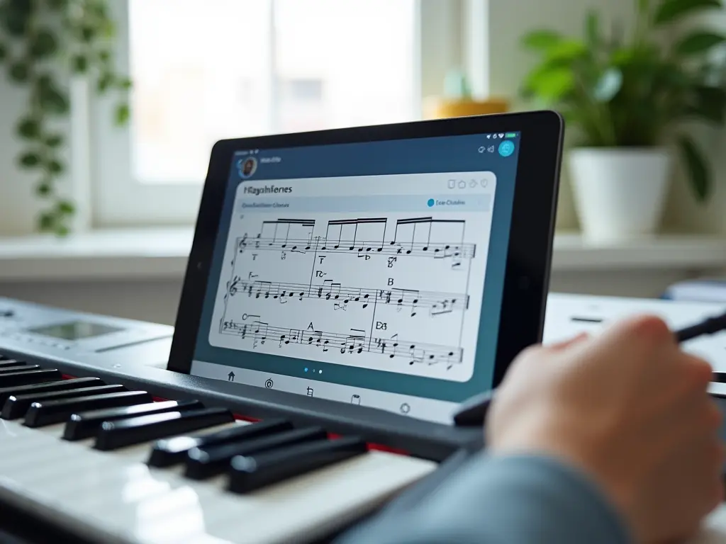 A tablet displaying piano lessons next to a keyboard.