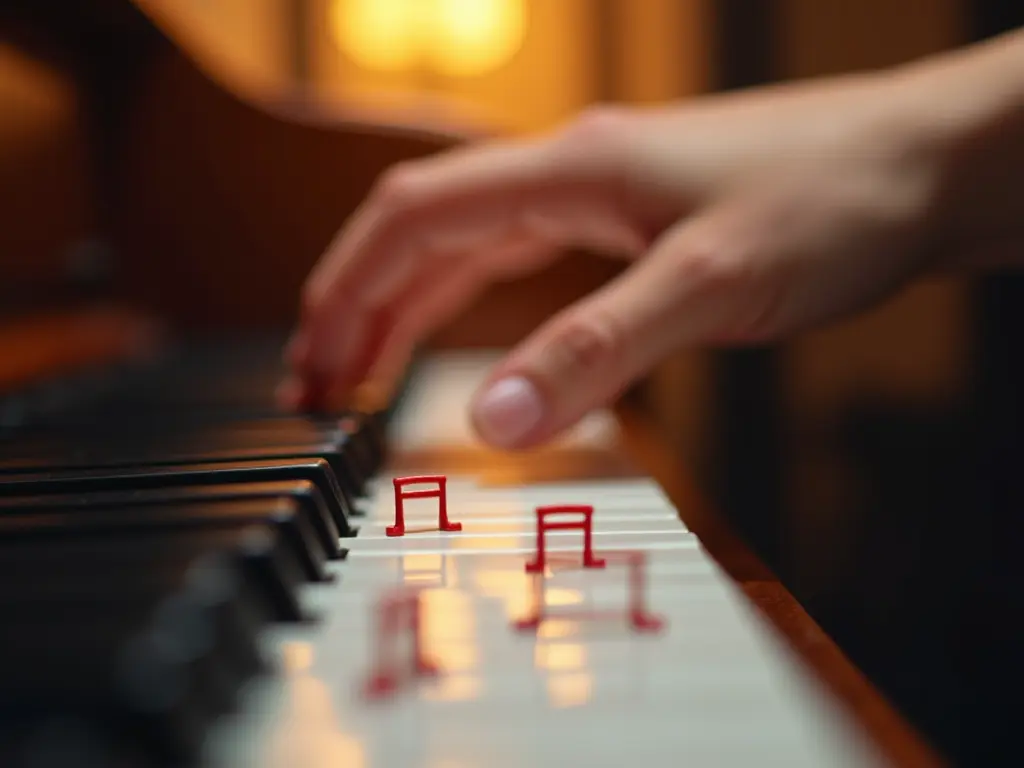 A determined hand overcoming obstacles to reach piano keys.