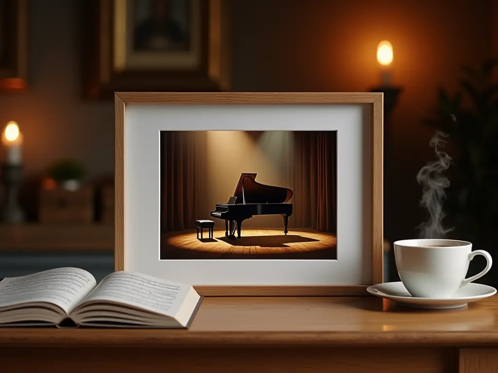 A framed photo of a piano with an open music book beside it.