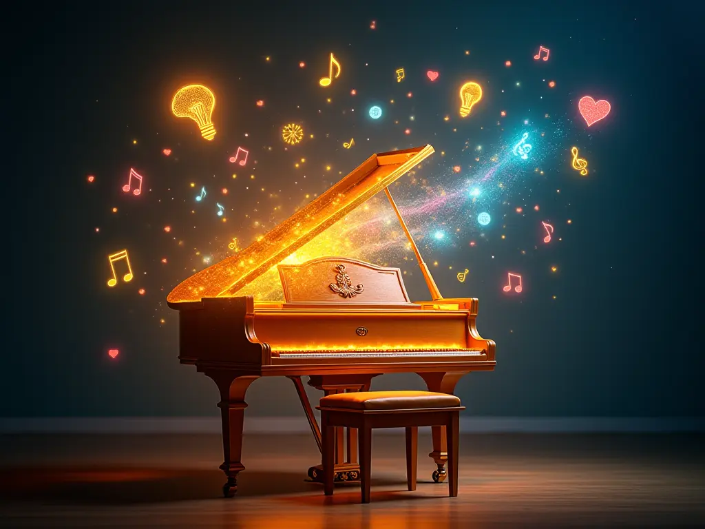 A glowing piano surrounded by symbols of cognitive and emotional growth.