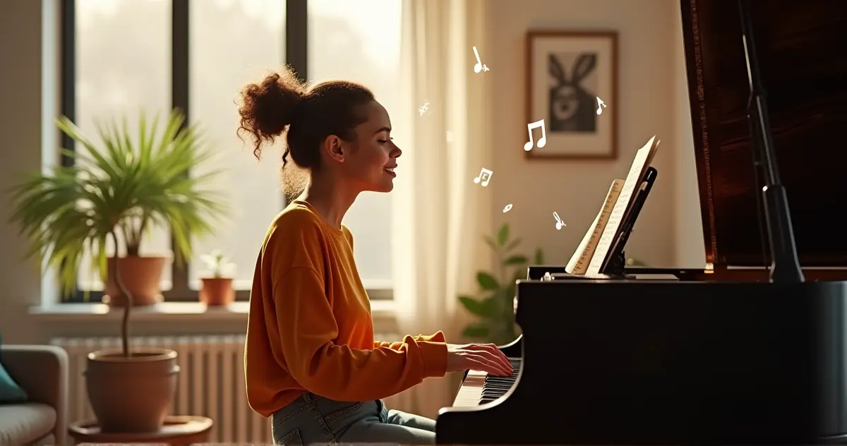 A person sitting at a piano, deeply focused and smiling, with musical notes floating in the air.