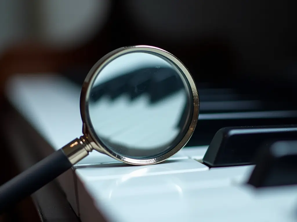 A magnifying glass over piano keys, symbolizing questions and exploration.