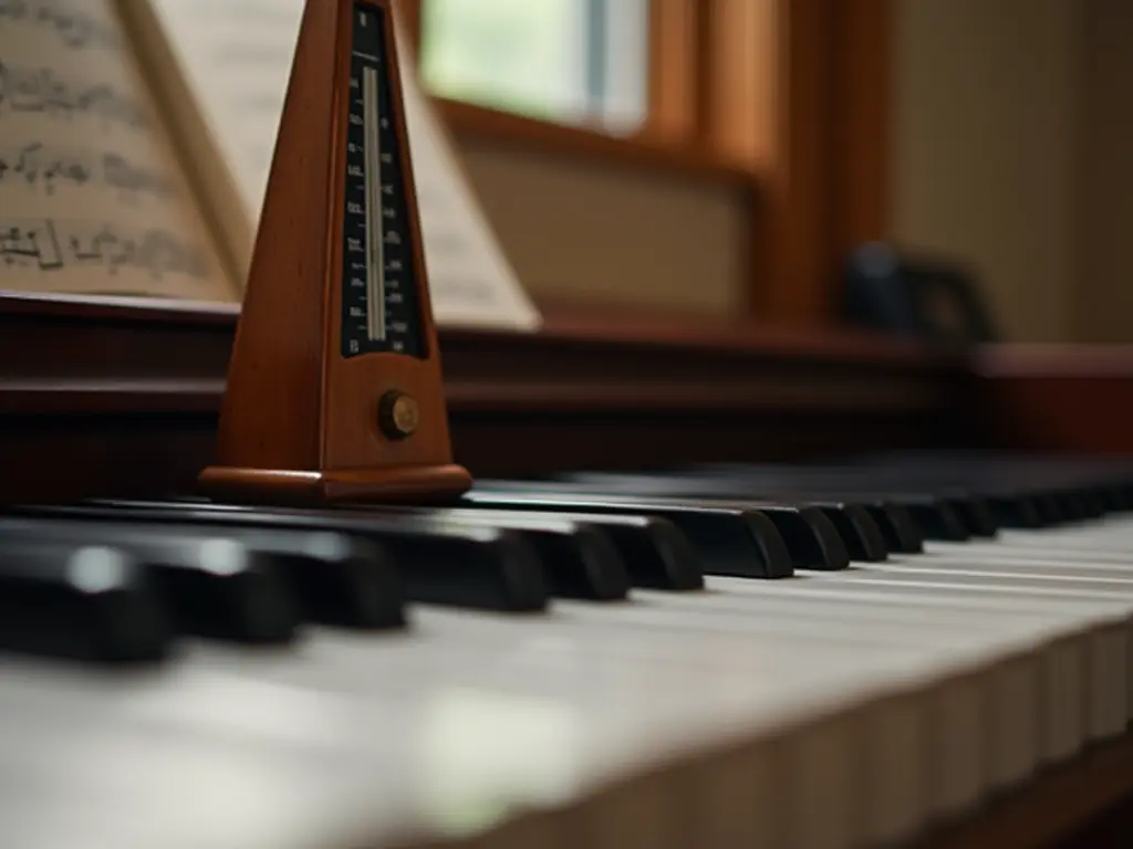 A close-up of piano keys with a metronome and sheet music in the background.