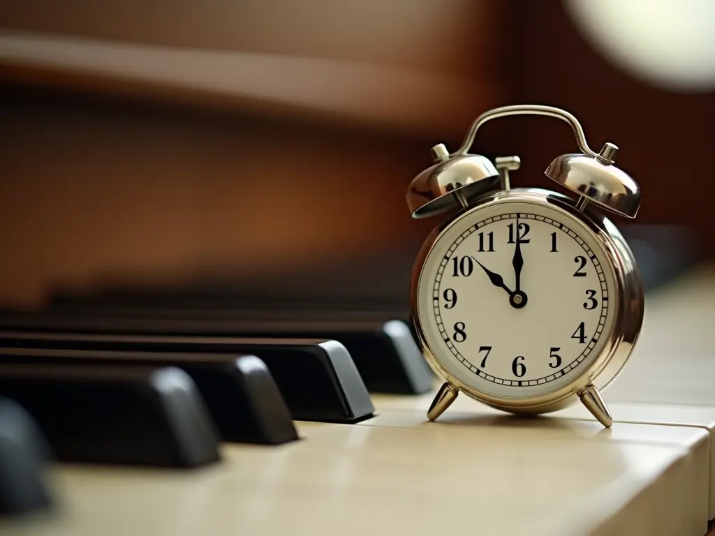 A clock placed on a piano keyboard, symbolizing the time needed to learn piano.