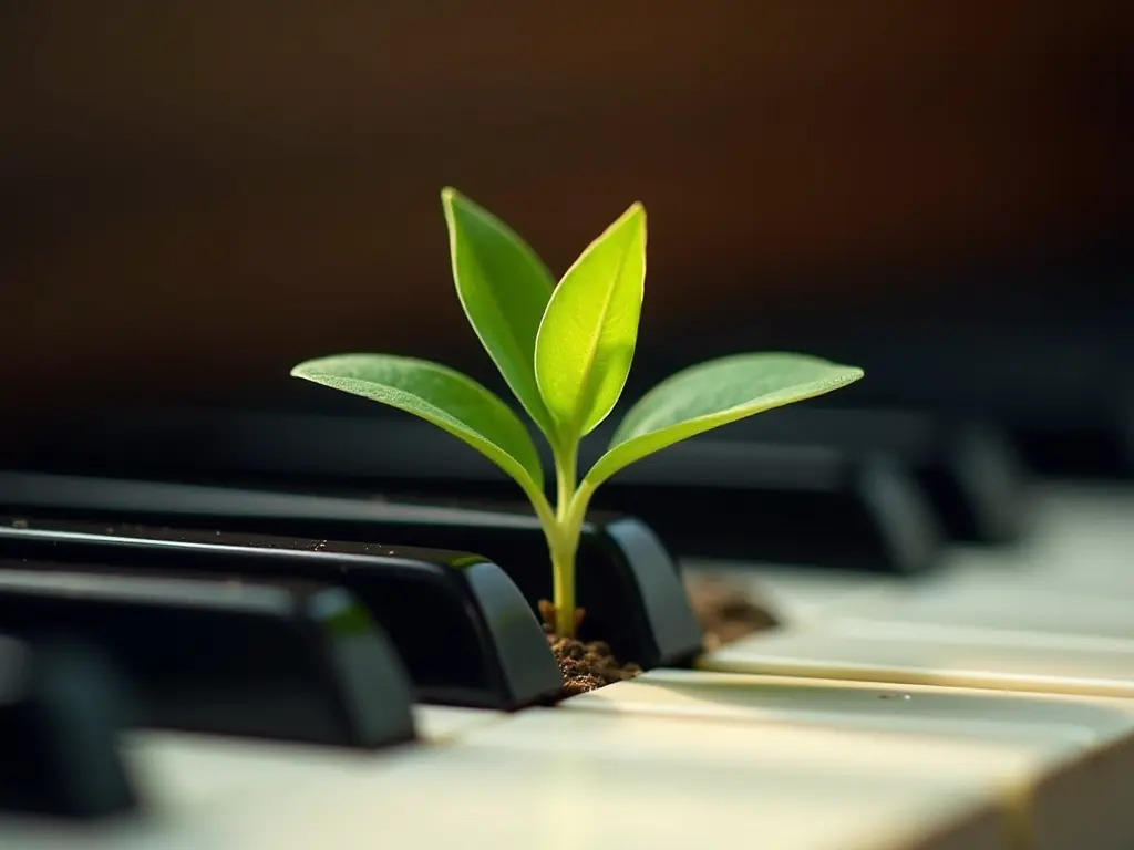 A growing plant emerging from a piano key, symbolizing growth and perseverance.