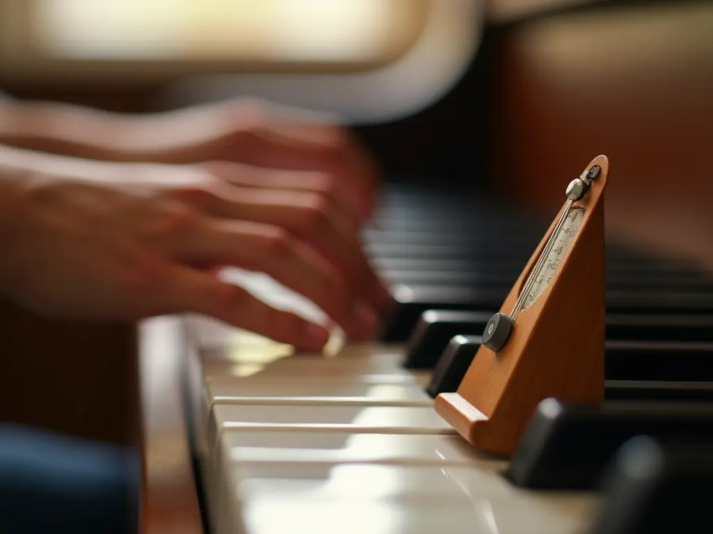 A focused hand playing piano keys with a metronome nearby.