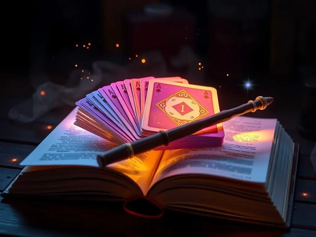 A glowing deck of cards and a magic wand resting on an open book, symbolizing the start of learning magic tricks