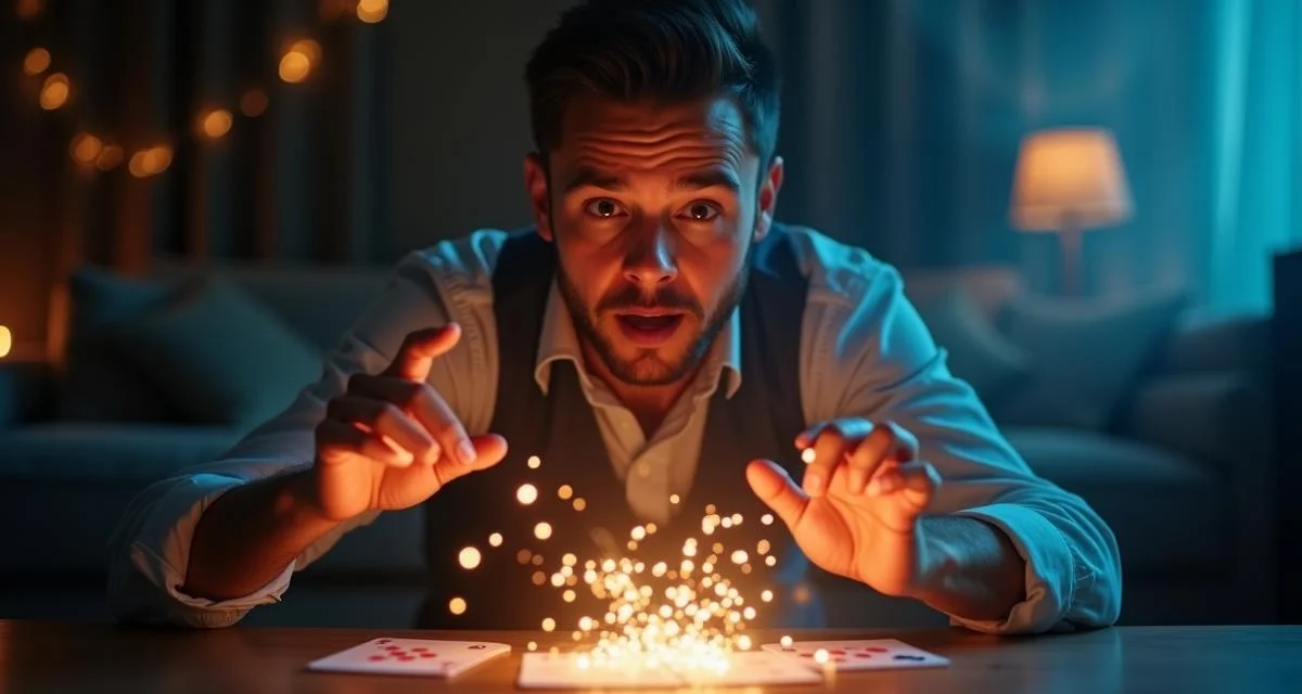 A young person performing a magic trick with a deck of cards, surrounded by glowing sparks and a mysterious atmosphere, symbolizing the wonder of learning magic