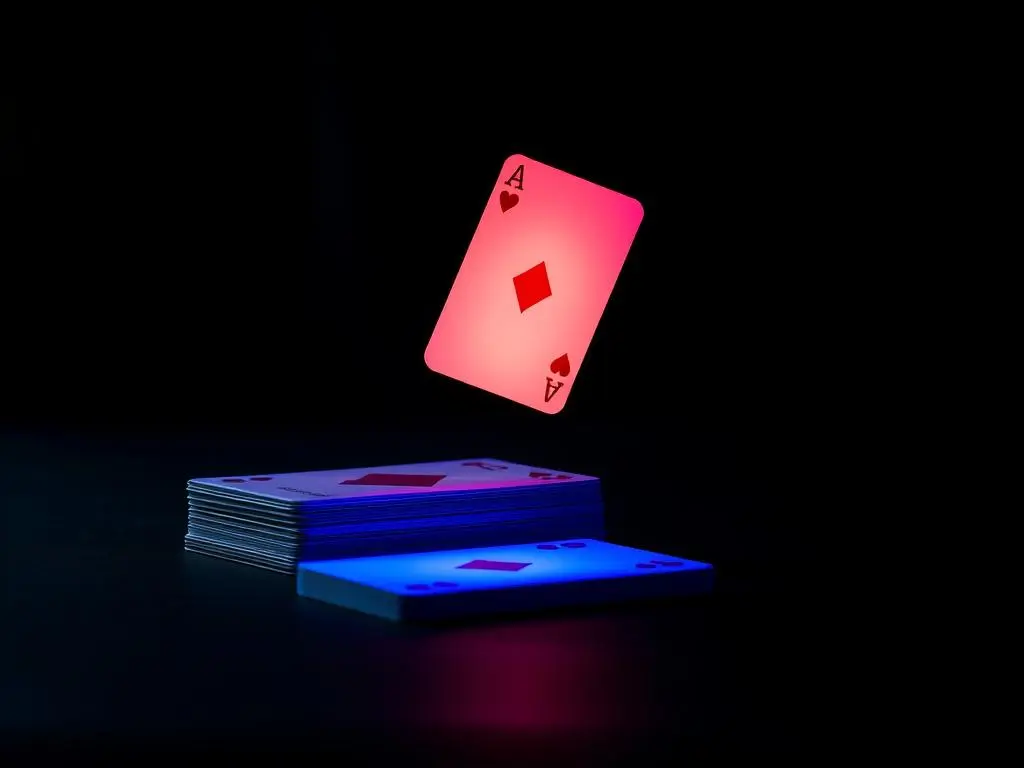 A glowing deck of cards with one card floating mid-air, symbolizing the focus and precision required in practicing magic tricks