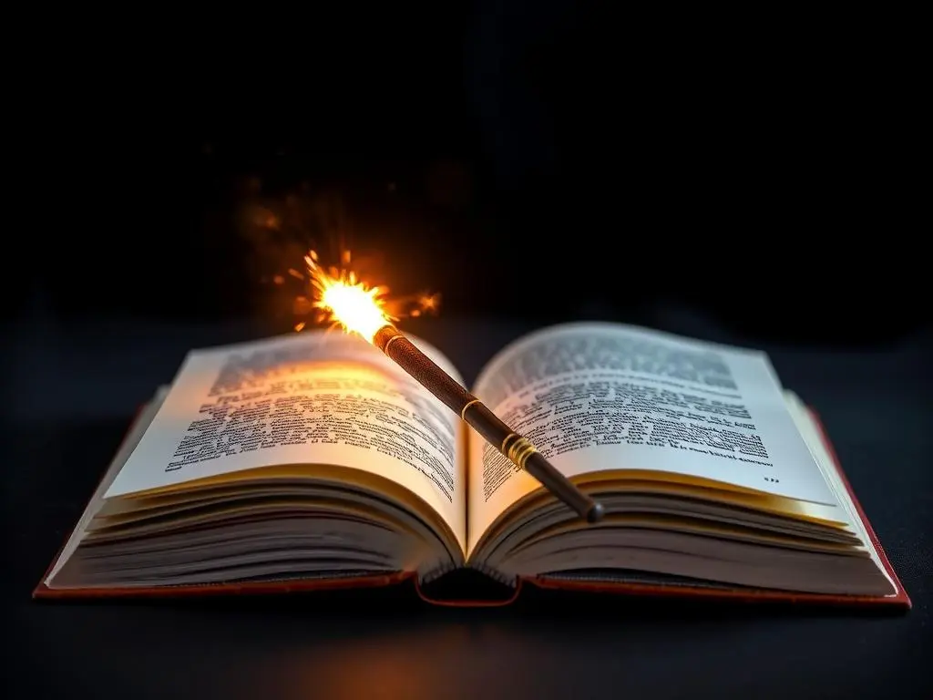 A glowing magic wand resting on an open book with magical sparkles rising from its pages, symbolizing the journey of learning magic and putting it all together