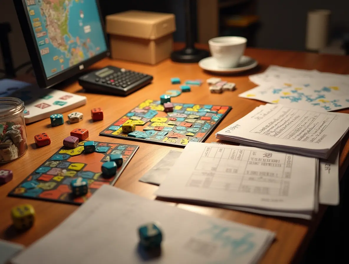 A cluttered desk with a partially assembled board game, scattered dice, and a calculator next to production cost notes.