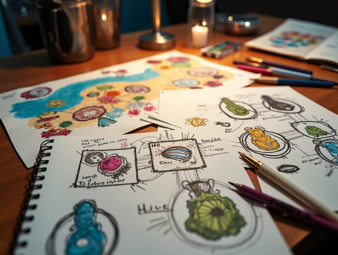 A creative workspace with sketches of board game designs, vibrant artwork, and colorful game pieces on a desk.