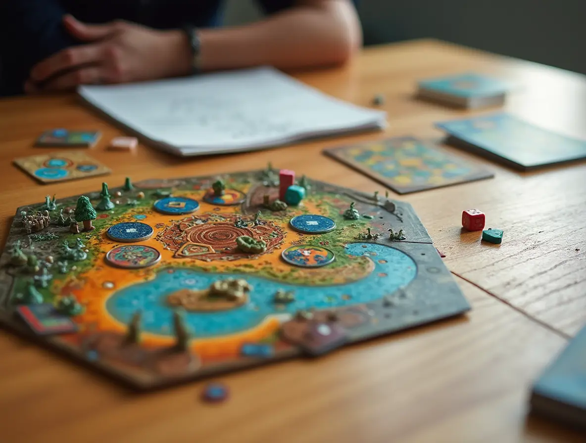 A close-up of a colorful board game prototype on a wooden table with dice, cards, and a miniature game board.