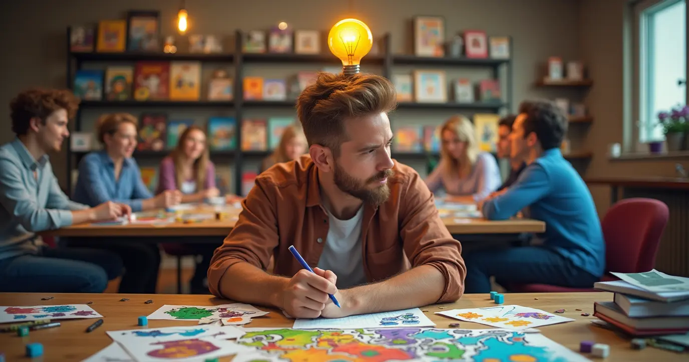 A dynamic visual featuring a creative individual brainstorming board game concepts, surrounded by vibrant sketches of board game components, prototypes, and a playtesting session in progress.