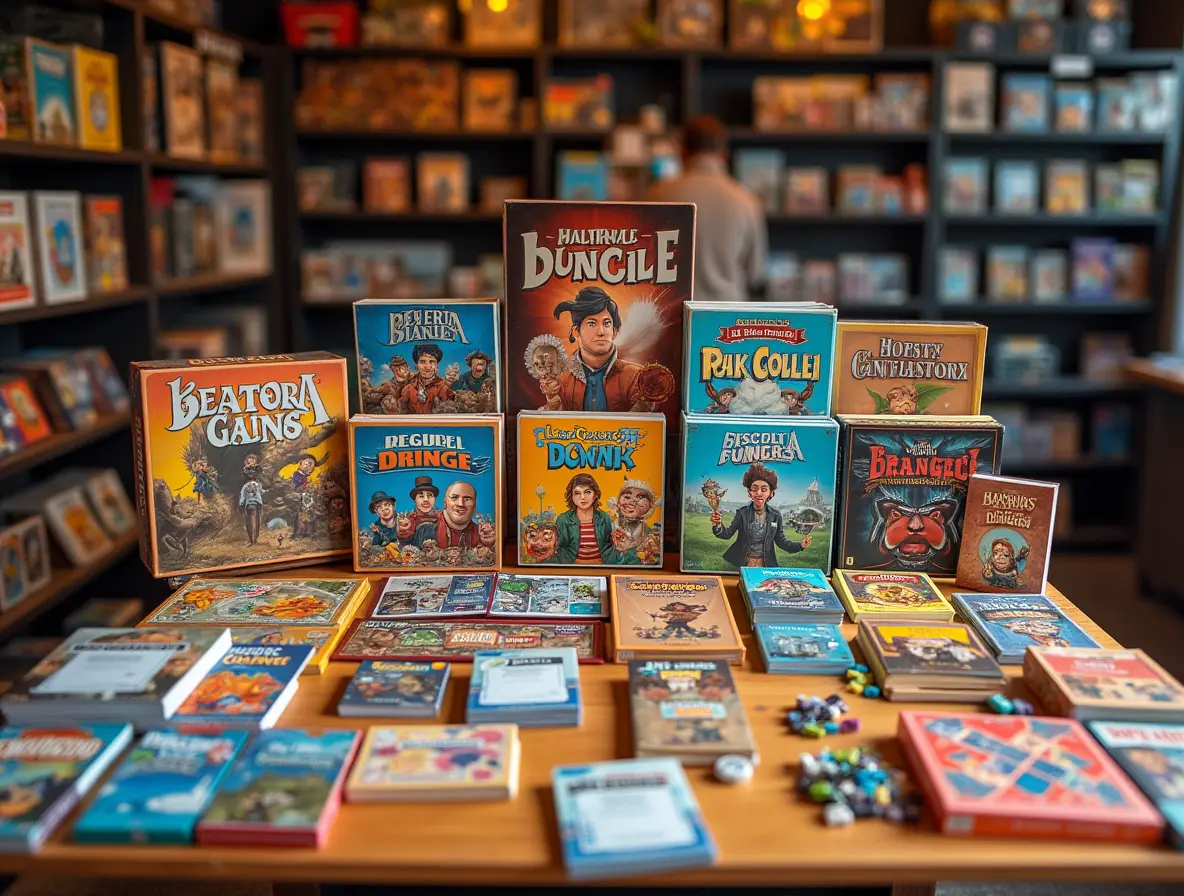 A colorful market stall displaying board games with vibrant covers, surrounded by tokens and dice.