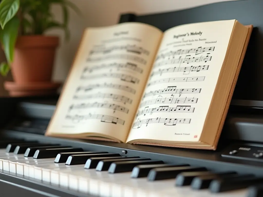 A simple melody book open on a piano keyboard, symbolizing beginner-friendly learning.