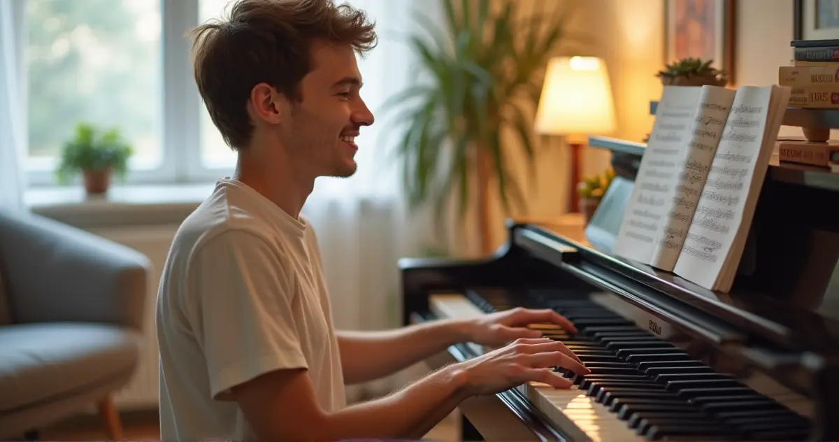 An individual confidently playing a piano in a bright, welcoming room, symbolizing the joy and accessibility of learning piano.