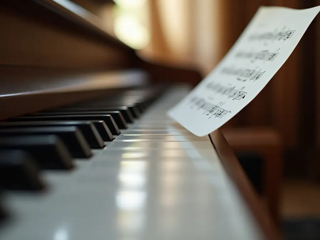 A close-up of a piano keyboard with a single music sheet resting on it, symbolizing the beginning of a learning journey.