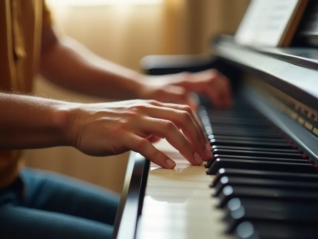 A pair of hands practicing on a piano keyboard, highlighting coordination and focus.