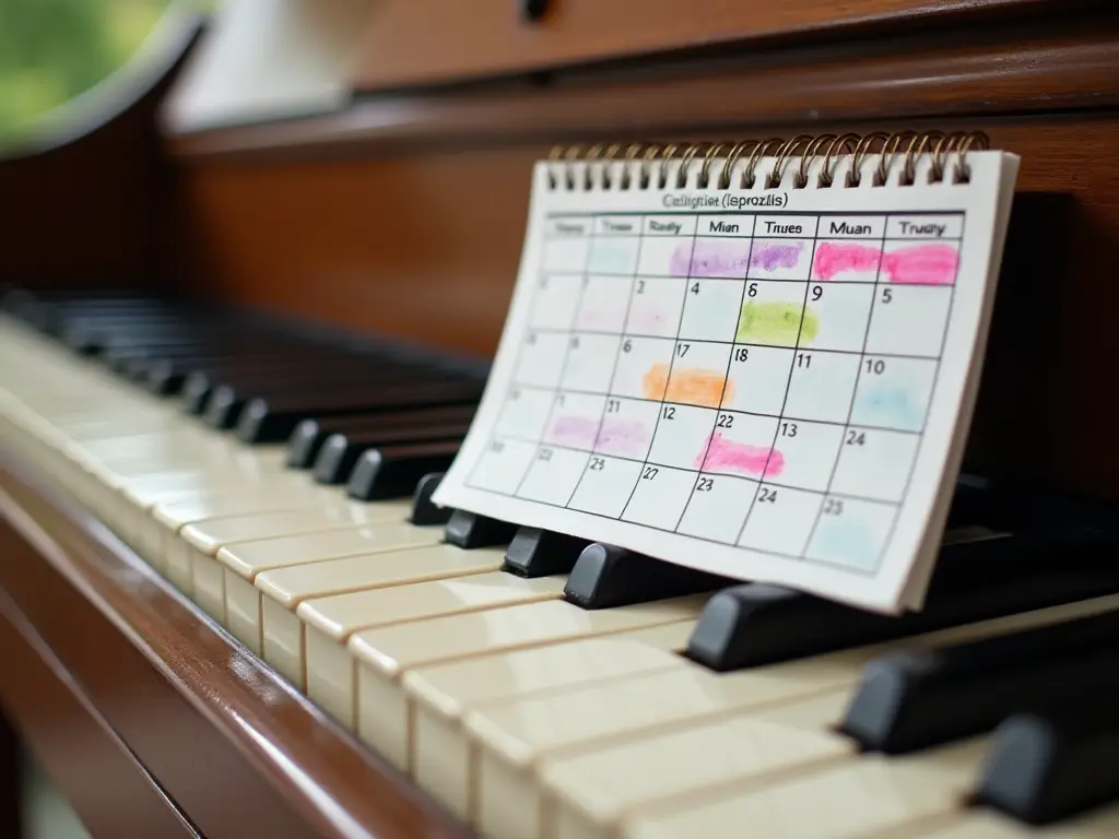 A calendar and a piano keyboard, symbolizing progress and time commitment in learning.