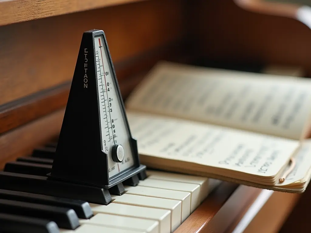 A metronome and a notebook placed on a piano keyboard, symbolizing structured practice and focus.