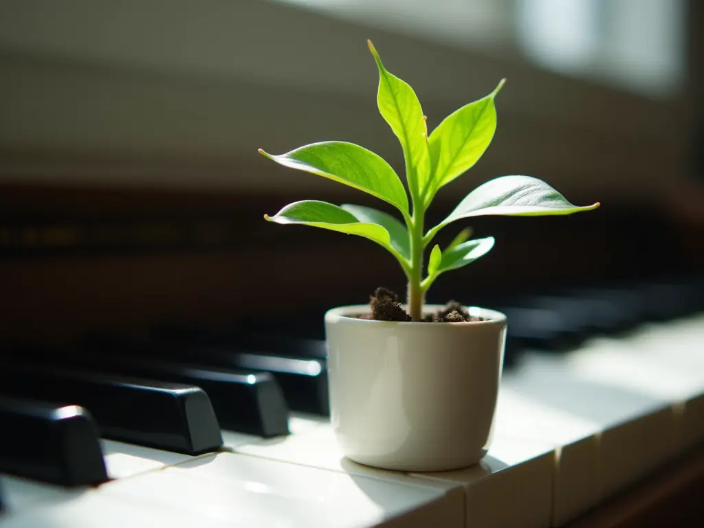 A blooming plant placed on a piano keyboard, symbolizing growth and fulfillment in learning.