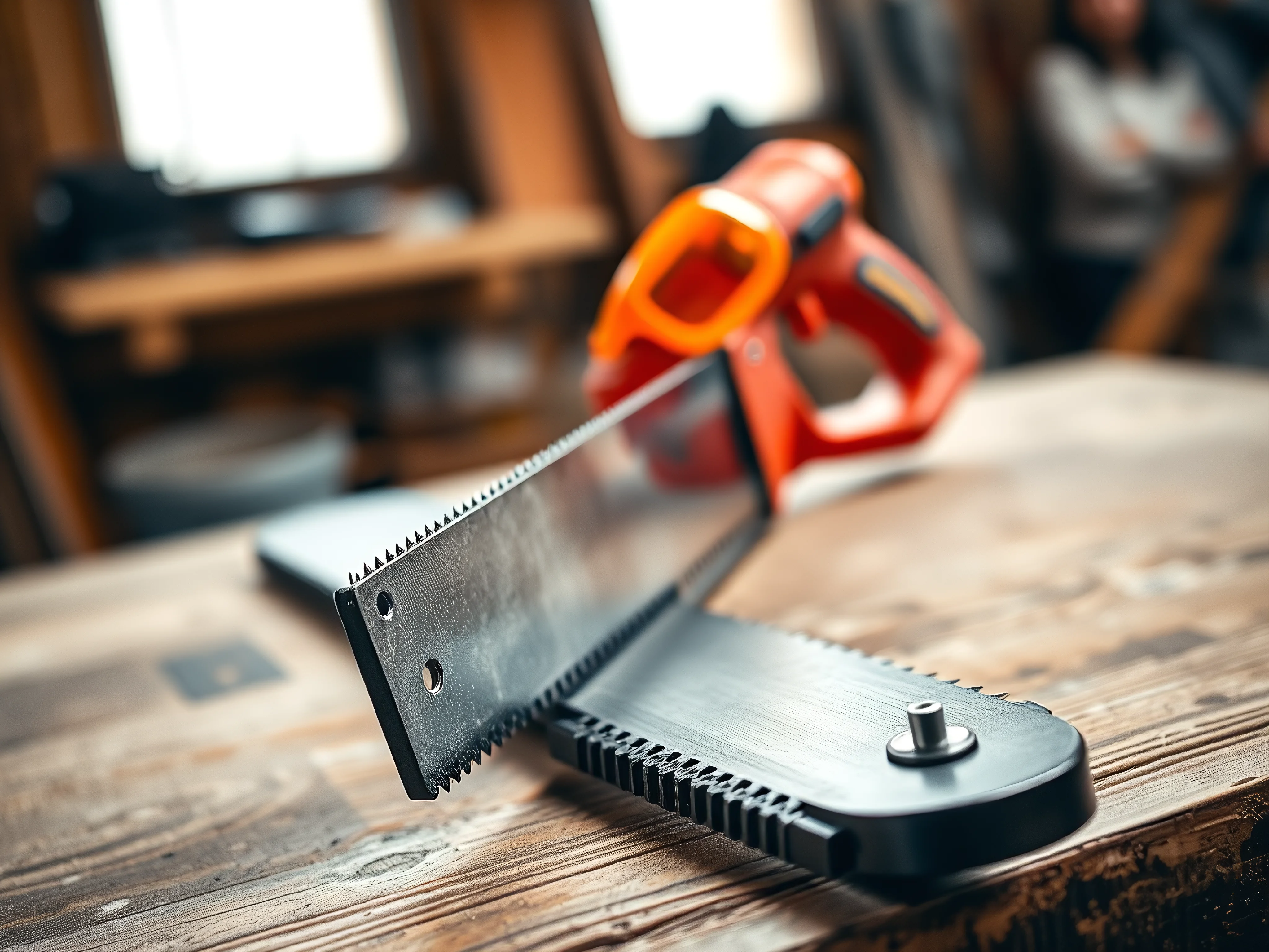 Classic handsaw and bright orange safety goggles on a distressed wooden workbench, close-up.