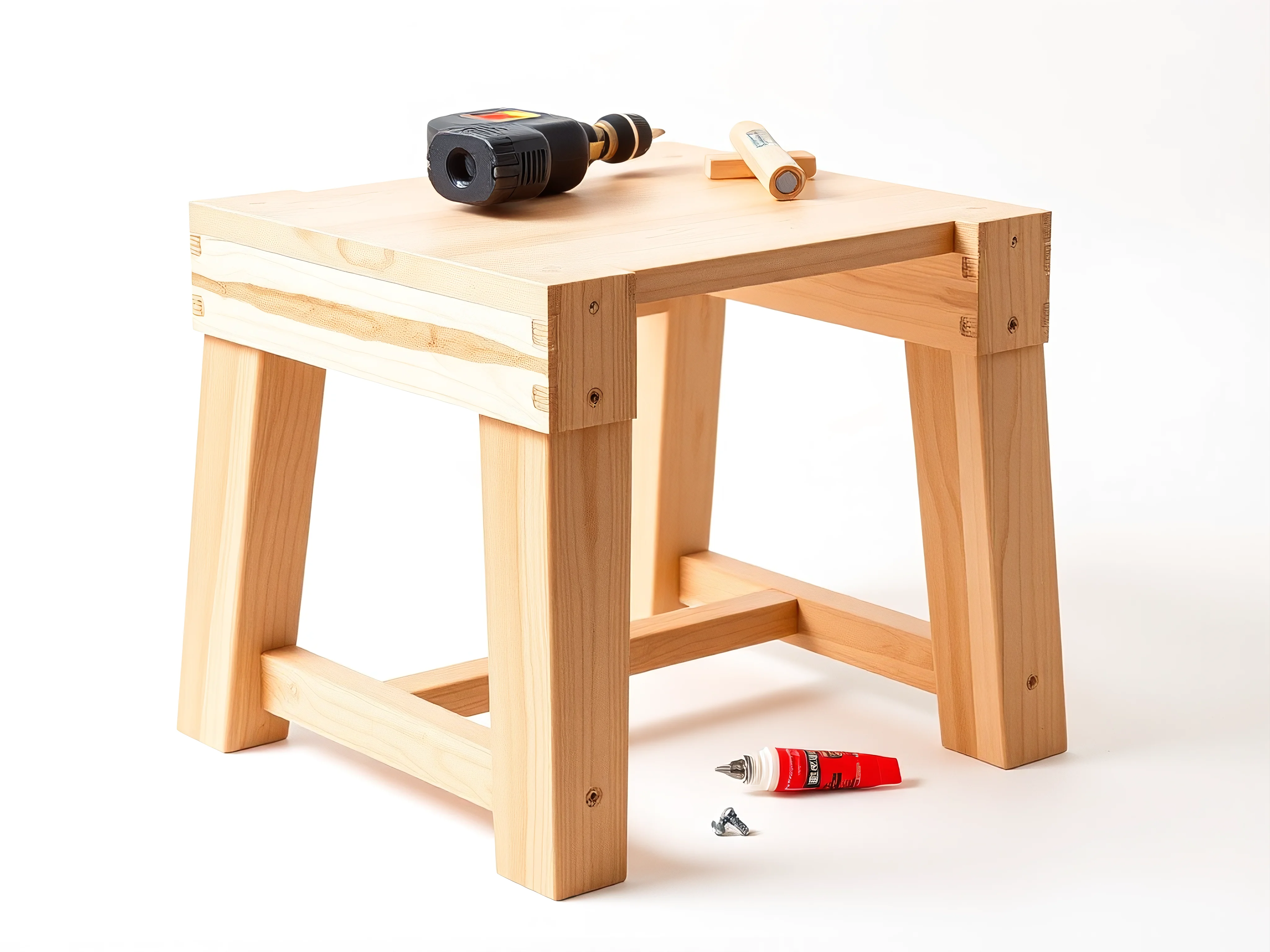 Partially assembled wooden stool with screws, drill, and glue on a white background.