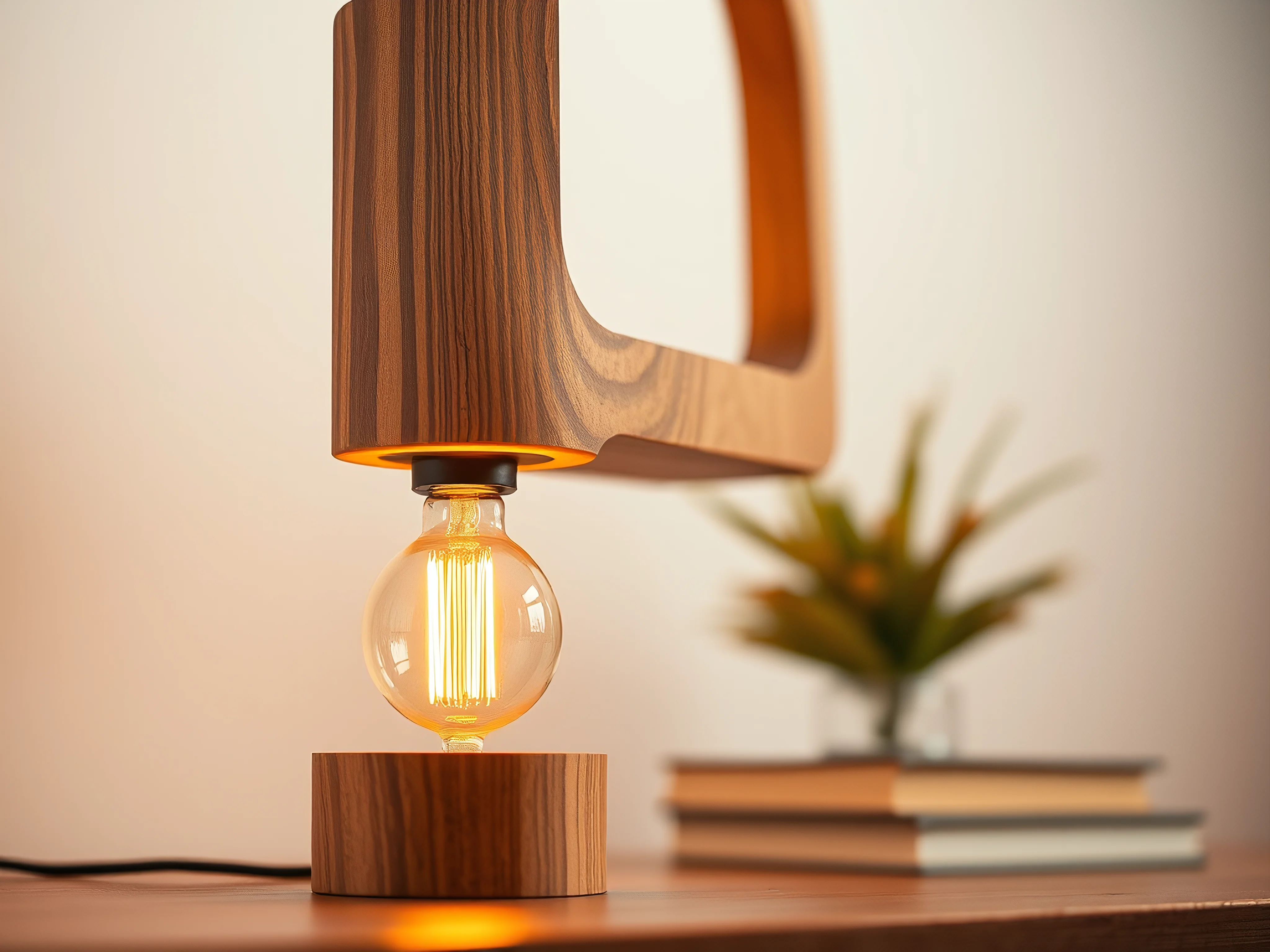 Elegant wooden table lamp with warm amber glow.