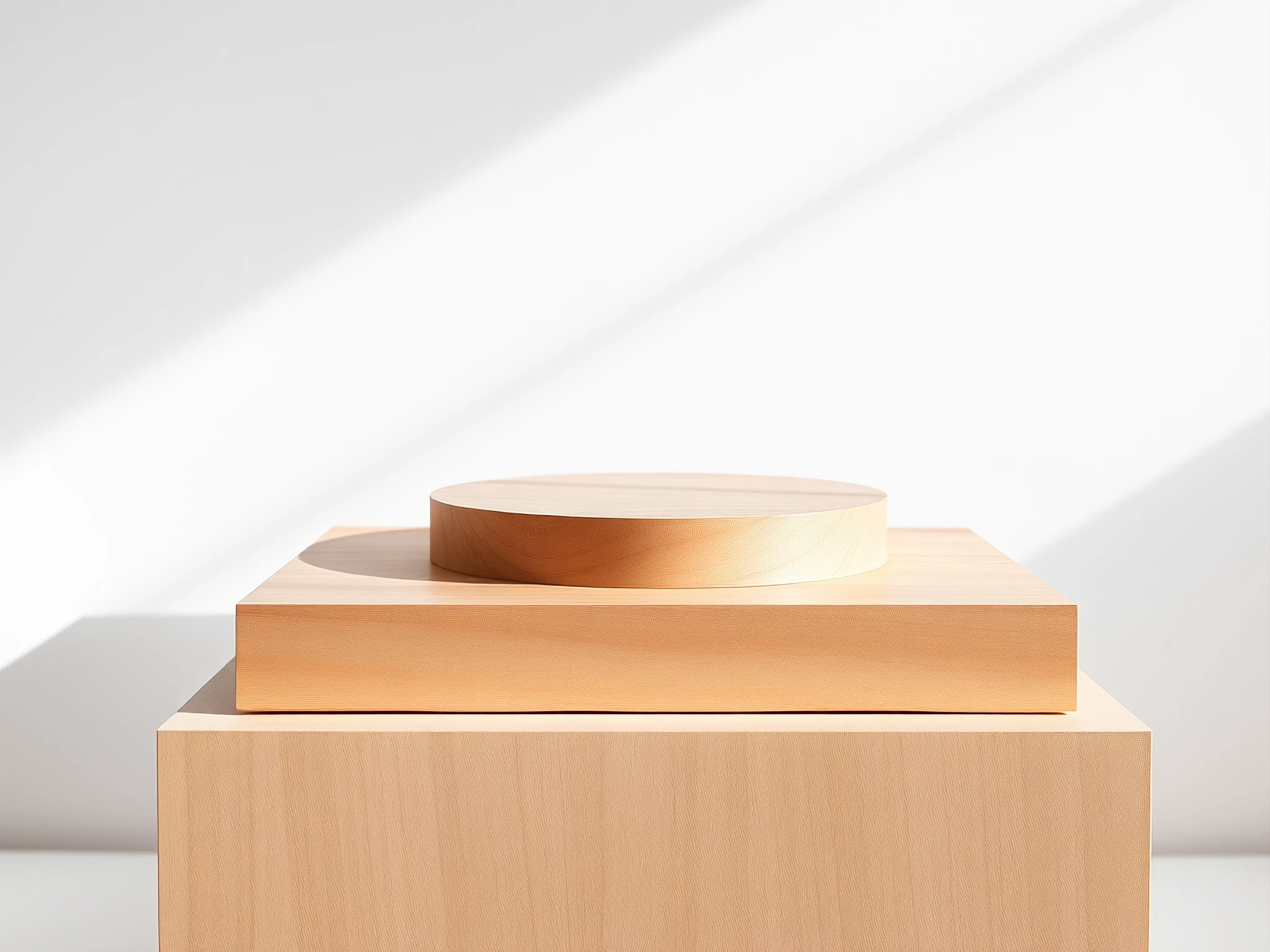 Pristine polished light wood display plinth, minimal design, white background.