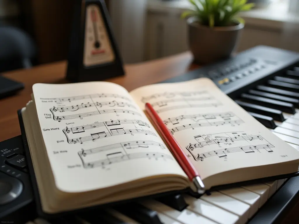 A focused practice scene with a keyboard and a notebook filled with handwritten music notes.