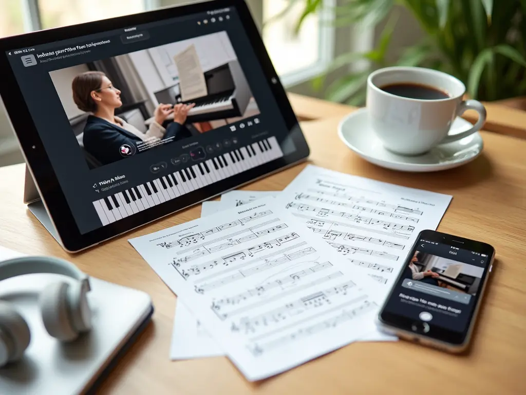 A collection of free piano learning tools including a tablet, sheet music, and a smartphone.