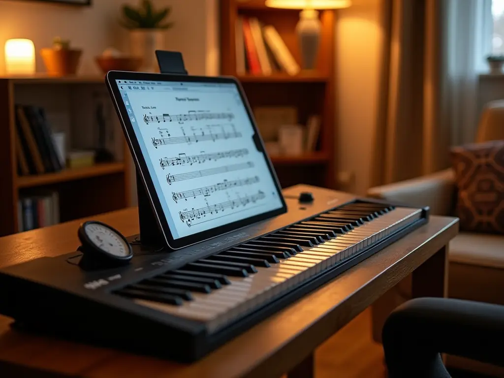 A home piano learning setup with a keyboard and a tablet displaying a lesson.