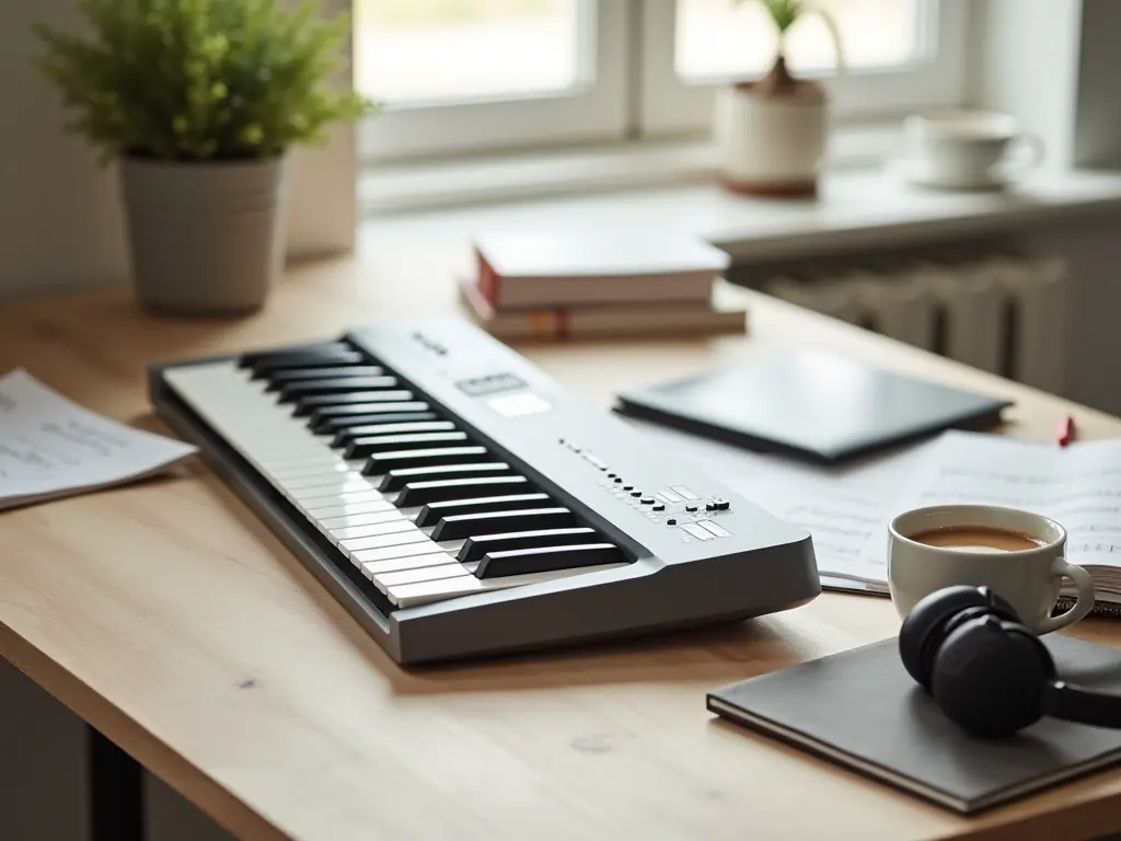 A modern keyboard placed on a wooden desk with sheet music and headphones.