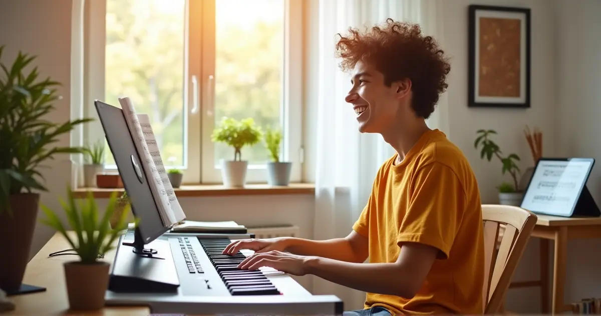 A focused individual practicing piano on a keyboard in a cozy home setting.