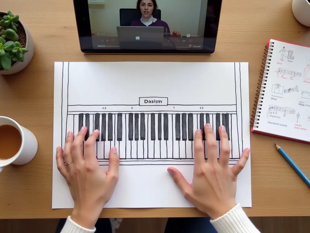 Hands practicing piano finger placements on a printed keyboard diagram.