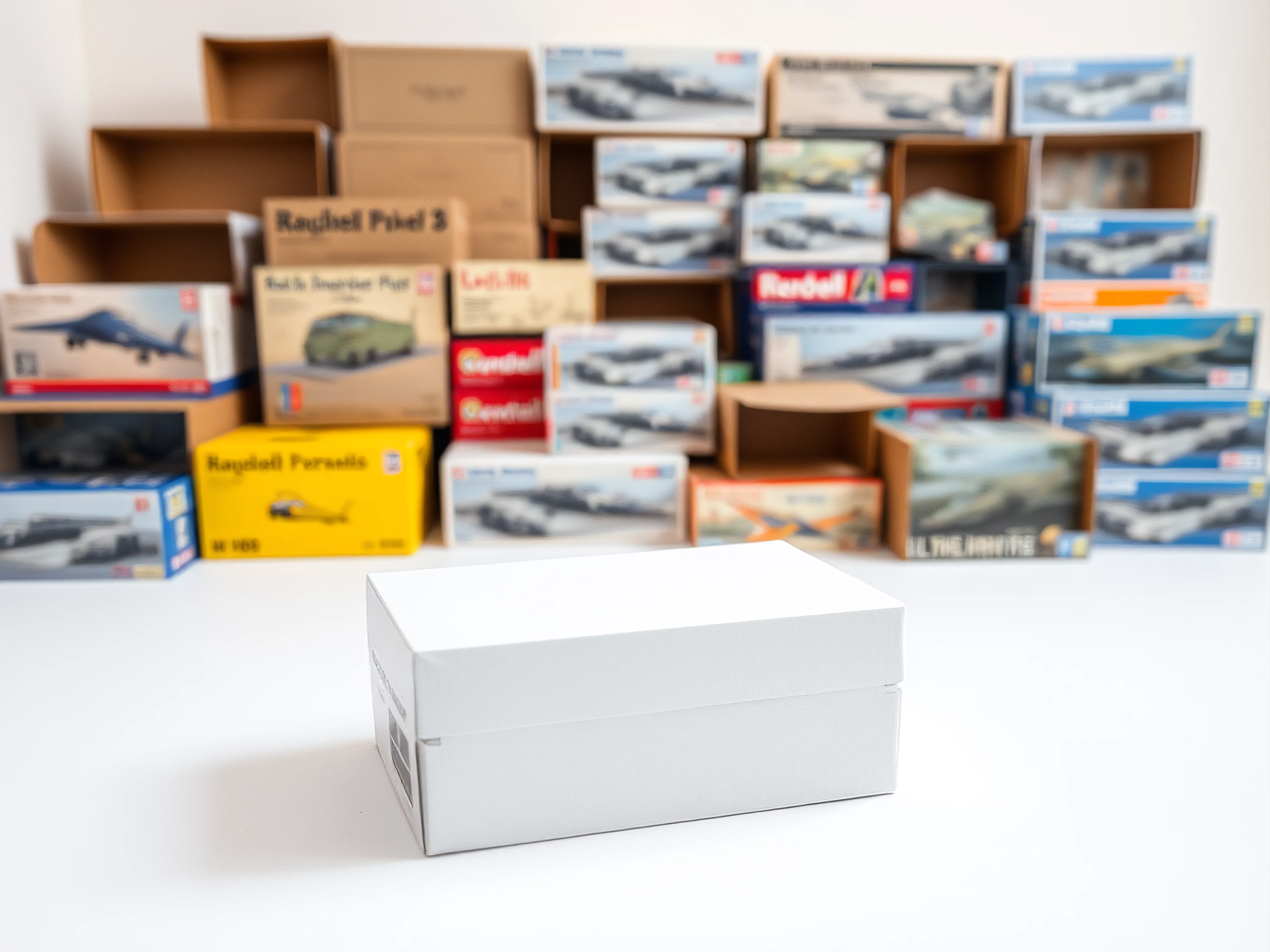 Unopened model kit boxes in vibrant primary colors on a clean white background.