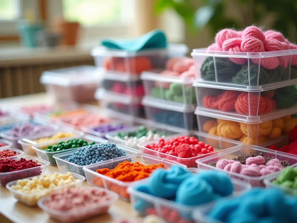 A close-up of a large table filled with neatly organized bulk craft kits, showcasing materials like colorful beads, yarn, and paper in individual compartments.