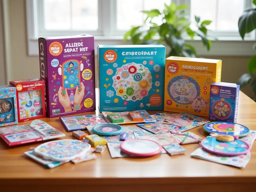 A variety of craft kits displayed on a wooden table, categorized by age group, including colorful kits for kids, bead kits for teens, and embroidery kits for adults.