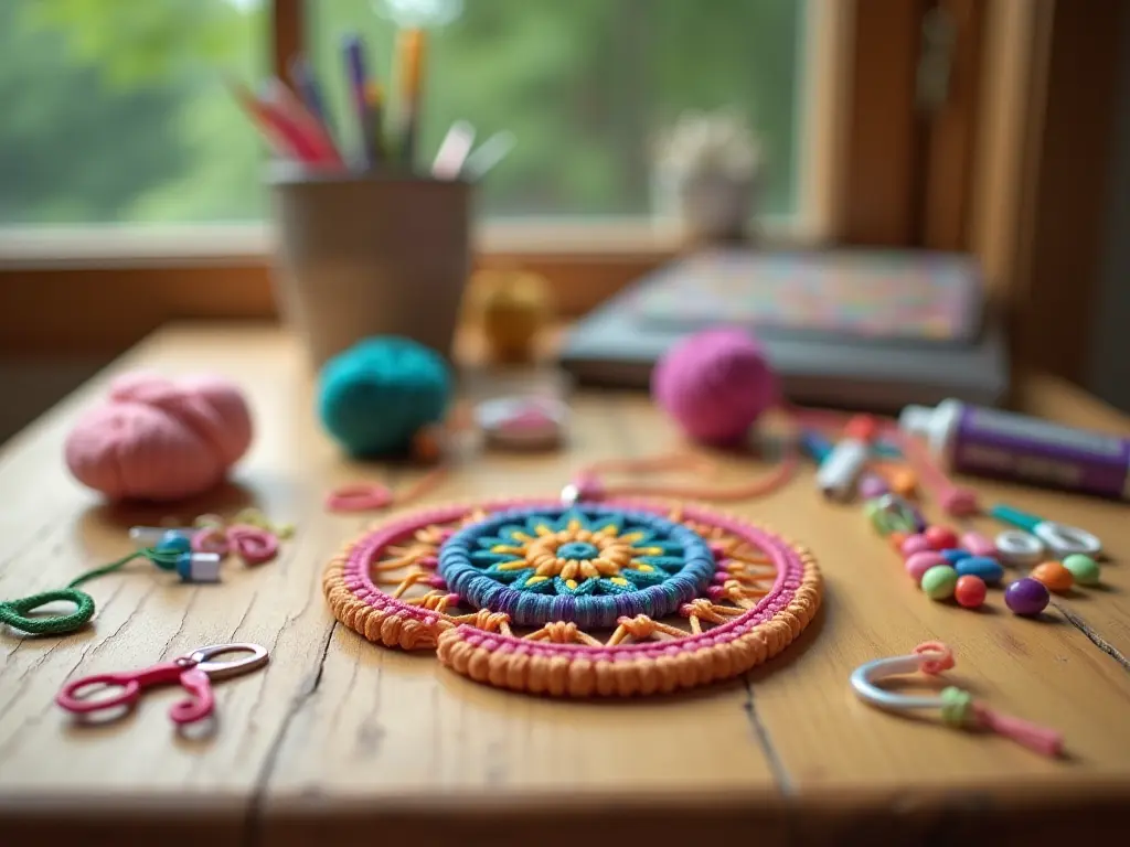 A close-up of a finished craft project surrounded by crafting materials, symbolizing creativity and the joy of completing a handmade item.